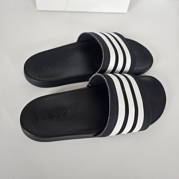 Adidas Adilette Comfort Slides Black White Three Stripe Logo Women US 7 Swim - Picture 10 of 10